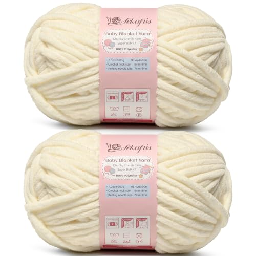 Image of 2 Pack Milky White 14.1 oz /196.8 yds Chunky Chenille Yarn for Crocheting, #7 Super Bulky Baby Blanket Yarn for Crocheting Soft, Fluffy Velvet Yarn for Knitting, Amigurumi Crochet Yarn for Crafts