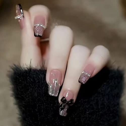 SERENUS Coffin Press on Nails Cute Acrylic Nails Long Ballerina Fake Nails Black Ribbon Glue on Nails for Women and Girls