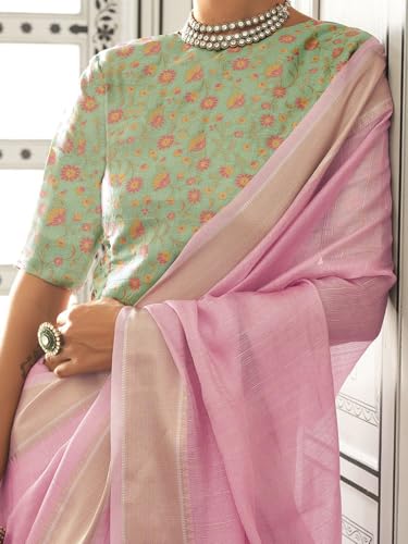 Image of MADHUHANSH Women's Cotton Linen Saree with Unstitched Blouse Piece and Solid Pattern | Mithila Painting Saree | Saree for Haldi Ceremony