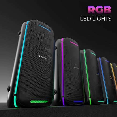 Image of Zebronics Portable Bluetooth Speaker, 90W, Upto 6 Hours Playback, Dual Full-Range Drivers, Karaoke, TWS, BT v5.3, USB, AUX, RGB, Deep Bass, Wireless Mic with Display, Type-C Charge (Party Fyre 100)