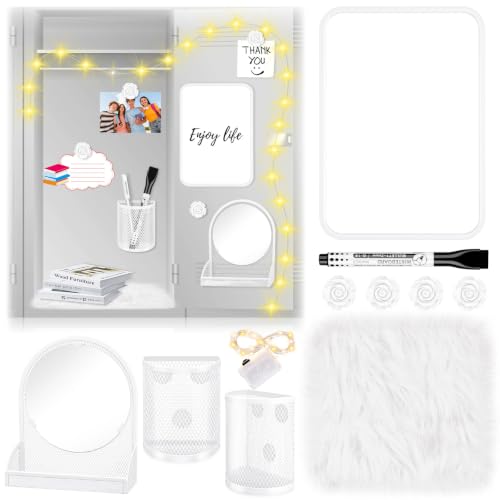 8 Pcs Locker Accessories Kit White Magnetic Mirror, Magnetic Pen Holders, Cute Flower Magnets,Locker Organizer Kit White Locker Accessories for Girls Back to School Essentials