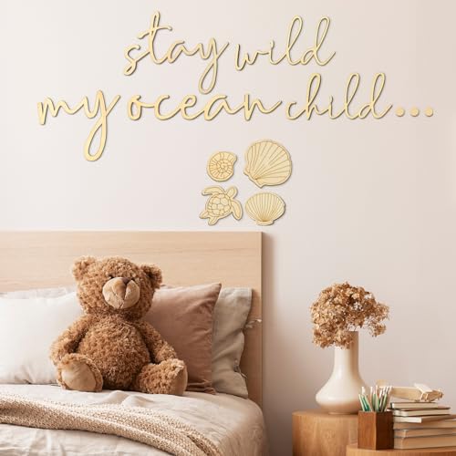 Image of Vercraft 9 Pieces Stay Wild My Ocean Child Wall Decor Boho Nursery Wall Art Neutral Wooden Ocean Decor Baby Sea Turtle for Playroom Nursery Children Baby Boys and Girls Bedroom