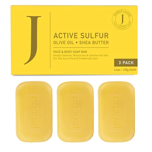 Jericho Dead Sea Sulfur Soap with Olive Oil – Helps with Acne, Psoriasis, Eczema & Blackheads – For Oily to Normal Skin – Vegan Face & Body Bar for Men & Women, 4.4 Oz / 125 g (Pack of 3)
