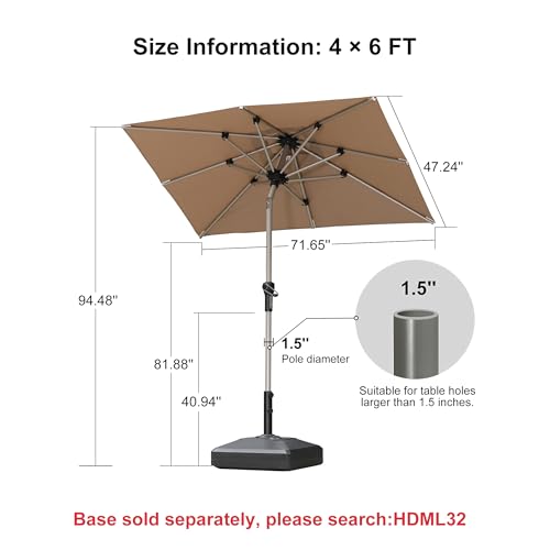 Image of PURPLE LEAF Patio Umbrella 4' x 6' Rectangle Tilt Market Umbrella Taupe
