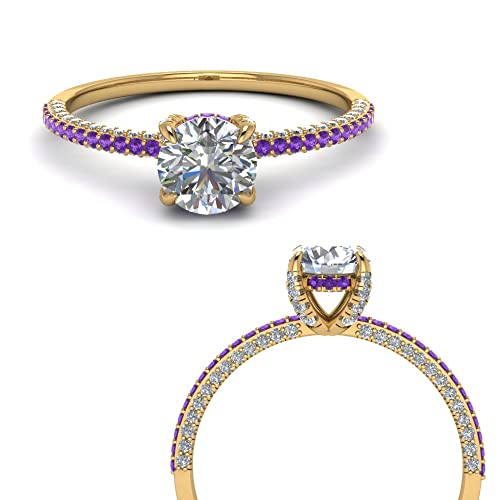 Image of Choose Your Gemstone Delicate Hidden Halo Diamond CZ Ring Yellow Gold Plated Round Shape Petite Engagement Rings Minimal Modern Design Birthday Gift Wedding Gift US Size 4 to 12