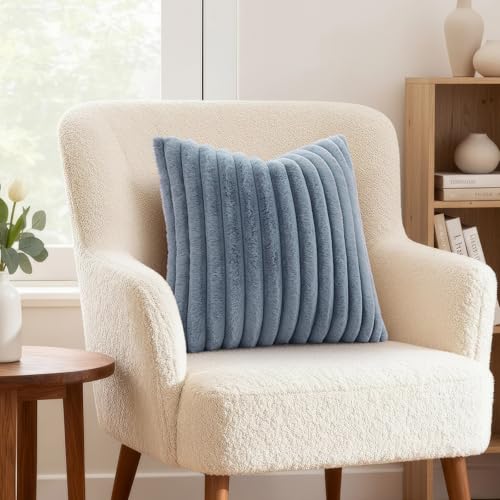 Image of decorUhome Fall Cozy Faux Fur Throw Pillow Covers 20x20 Set of 2 Decorative Soft Plush Striped Modern Farmhouse Boho Couch Pillow Cases with Velvet Back for Sofa Bed Living Room, Grey Blue
