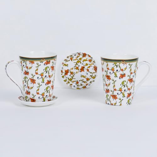 Image of GOLDEN QUEEN'S Mugs & Coaster Set of 2 for Coffee, Tea, Milk - Ideal for Your Daily Beverage Ritual, Hosting & Casual Gatherings | 300ML | Micorwave Safe - Chinar Bloom