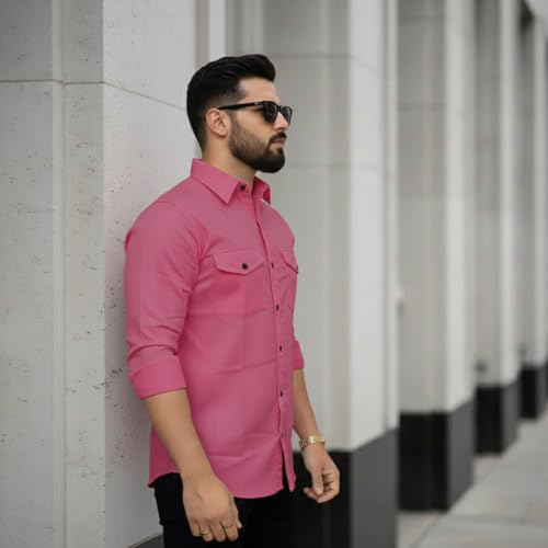 Image of DEELMO Men's Classic Cotton Blend Slim Fit Shirt || Full Sleeve Button-Down Casual Shirt with Dual Flap Pockets || Soft Breathable Fabric || Ideal for Office Party and Everyday Wear