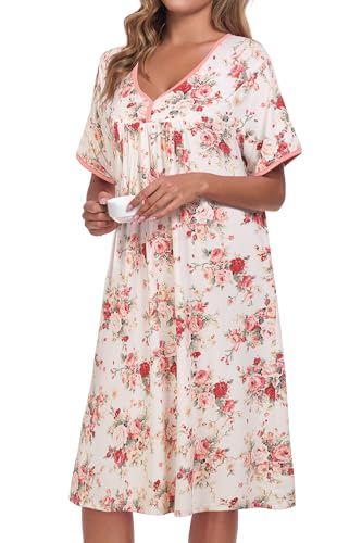 Image of AVIIER Nightgows for Women Soft Cotton Night Shirts Short Sleeve Sleepwear with Pockets