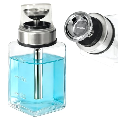 ffresiss Acetone Pump Dispenser with Transparent Lid Alcohol Dispenser Push Down Metal Pump Glass Bottle Nail Polish Remover Liquid Pump Hand Pumping Rubbing Press Container 6oz Small Pump Bottle