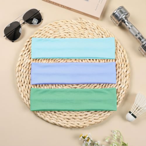 WENNKINN Headbands for Women Non Slip, Soft Cotton Elastic Cloth Hairband for Workout Gym Running Sports, Sweat Wicking Wide Headband, 3 Pack with Bag (Light Blue, Sky Blue, Cyan) — view 6