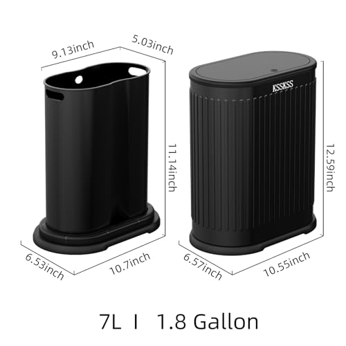 Image of KSSKSS 1.8 Gallons Small Stainless Steel Trash Can with Press Type Lid, Slim Bathroom Garbage Bin, Removable Liner Bucket, Dog Proof Narrow Wastebasket with Pop-Up Lid for Bedroom,Toilet (Matt Black)