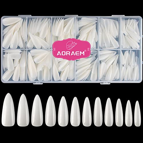 AORAEM Long Stiletto Sharp False Nails Natural Claw Full Cover Artificial Fake Nails Tips Art Tip 500PCS For Nail Salon 10 Sizes (Natural)