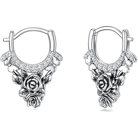 925 Sterling Silver Floral Hoop Earrings Petal Snap Hook Closure Balinese Tribal Boho Hoop Earrings, Sterling Silver, Cubic Zirconia Cover