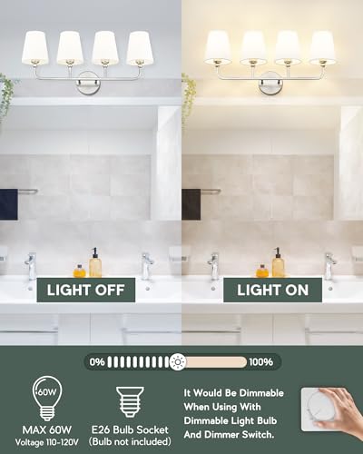 Image of Bathroom Light Fixtures, 4 Light Vanity Lights with Flared White Fabric Shade, 28 Inch Brushed Nickel Wall Sconce, Modern Sconces Wall Lighting for Hallway Bedroom, VL837-BN-4