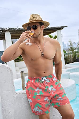 Yiftd Mens Swim Trunks With Compression Liner 5 Inch Inseam Quick Dry Pink Palm Tree Swimwear Bathing Suit Swim Board Shorts With 4 Pockets #TOP4