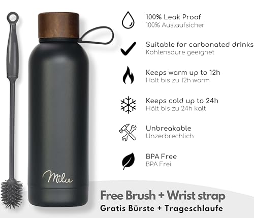 Milu Stainless Steel Water Bottle 500ml Vaccum Insulated Large Drink Flask Water Bottles Leakproof Keep Drinks Hot Cold for Bike Camping Sports Gym - incl. cleaning brush (Baby blue, 500ml) - Image 2