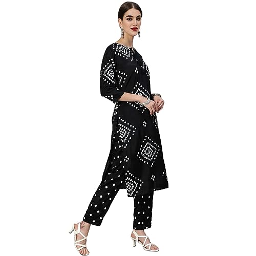 Image of LookMark Women Women's Trendy Printed Cotton Blend Straight Black Color Kurta and Pant Set (KS2074-S)