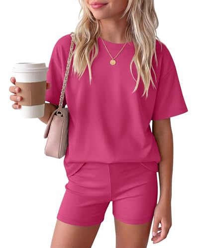 Image of Oakgarden Summer Outfits for Girls 5-14Y Athletic Casual Sets Kid Short Sleeve Shirt Bike Shorts 2 Piece Tween Trendy Clothes