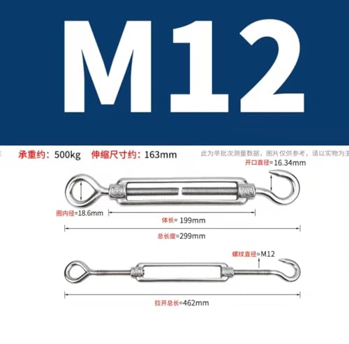 Tensor para cable con gancho, acero inoxidable 304, 1 pieza, tamaño M12 miniatura 2