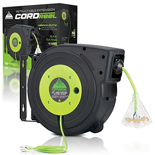 Copperpeak Tools Retractable Extension Cord Reel - 50 Ft 14Awg- 3 Electric Power Outlets - Ceiling Or Wall Mount - Green And Grey #TOP4
