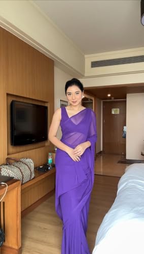 Image of StyleScope Women's Plain Georgette Ready To Wear One Minute Saree With Unstitched Blouse Piece (Kalki)