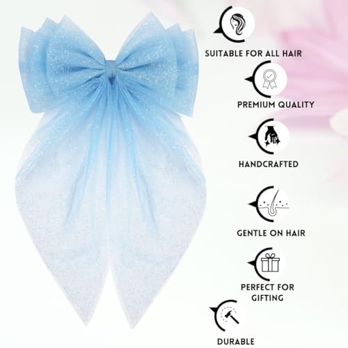 Image of Radhu & Kabby Hair Bows for Women /Girls | Hand made Netbows | Net Tail Hairbow | Fancy & Stylish Hair Accessories | Anti-Hair Fall Hairclips | Blue, Brown, Pink | Pack of 3