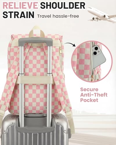 Image of Corduroy Laptop Backpack for Women, Fits 15.6 Inch Computer Bag, College Bookbag Travel Daypack Purse, Work Business Bags - Corduroy Checkered Pink