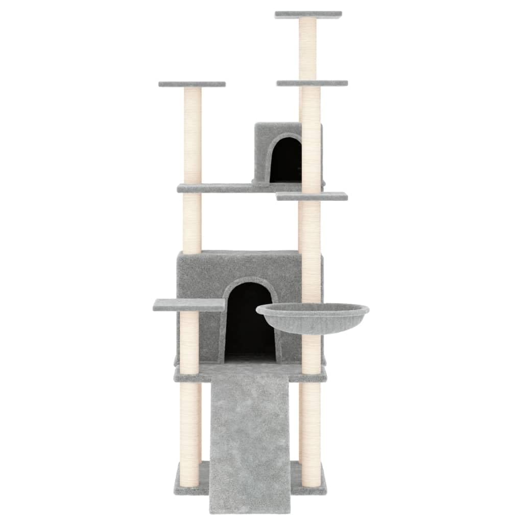Rascador con columnas rascadoras de sisal, gris claro, 154 cm, para gatos con varios pisos, cuevas, hueco para tumbarse y rascarse, madera estable, lavable, ahorra espacio, ideal para casa y