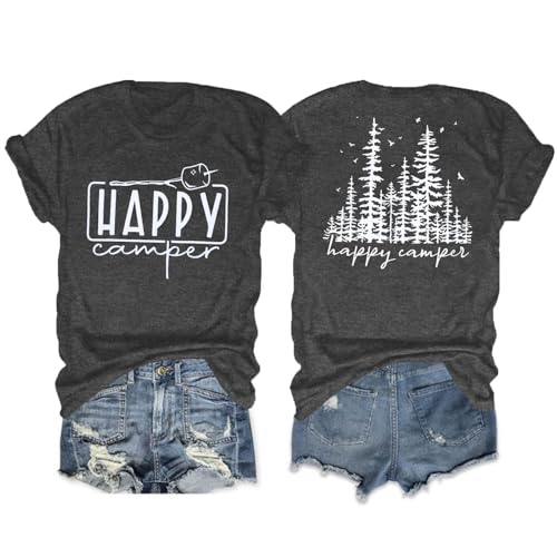 Happy Camp T-Shirt Hiking Adventure Mountain Graphic Tee Tops Short Sleeve Summer Camp Lover Vacation Shirts-Dark Grey S