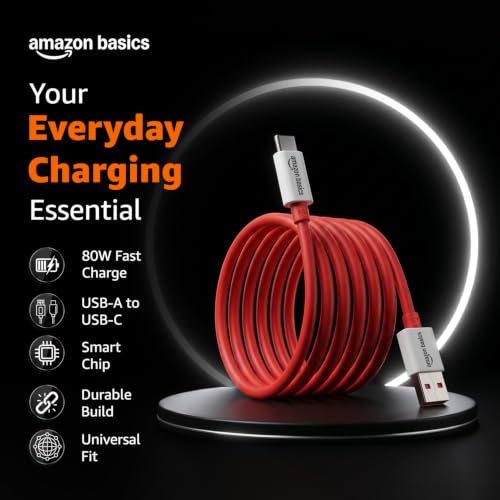 Image of amazon basics 80W USB-A to USB-C Fast Charging Cable, 1M Length, Up to 480 Mbps Data Transfer Speed, Built-in Emark Smart Chip, Compatible with Oneplus and other devices (Red)