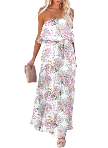 Image of Dokotoo Womens Strapless Dresses Casual Side Split Flowy Boho Maxi Dress | High Waist,Off The Shoulder,Wedding Guest,Bohemian,Beach Vacation Clothes,Floral Print,Sundresses,Casual