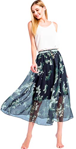 Shmily Girl Mujeres Bohemio Pintura China Pluma de Pavo Real Playa Fiesta Partido Maxi Largo Falda Plisada Skirt (Medium, Negro)