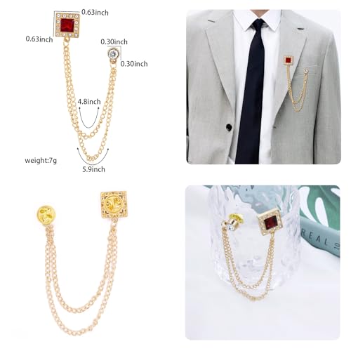 Image of Gold /Silver Crystal Geometry Brooch Lapel Pin for Men Rhinestone With Hanging Chain Brooch for Men Suit Fashion Tuxedo Tie Hat Scarf Collar Pins for Men Women Gifts