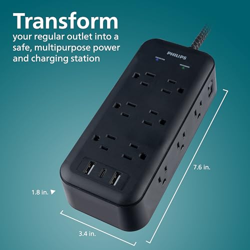 Philips Surge Protector Power Strip with USB Ports, 8 Ft Long Braided Extension Cord, 3120 Joules, 12 Outlet Extender (Wide Spaced), 2 USB-A, 1 USB-C, Flat Plug, ETL Safety Certified, Black by Philips - Image 6