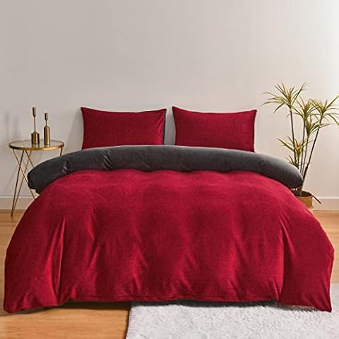 YUTNSAN Velvet Duvet Cover Single (135X200CM) Red and Gray Solid Color Double Spell 2 Pieces Soft Microfiber Quilt Cover with 1 Pillowcase on Winter Thick Warm Luxury Bedding Set Cover