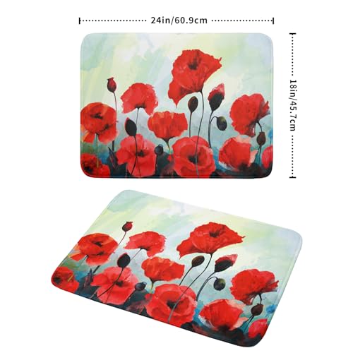 Image of Red Watercolor Flower Dish Drying Mat for Kitchen Counter 18 x 24 Inch - Poppy Absorbent Reversible Microfiber Dish Mat, Heat Resistant Drying Pad Dish Drainer Mats for Countertop