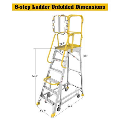 Image of 6-Step Aluminum Rolling Ladder with Guardrails, 375 lb Capacity