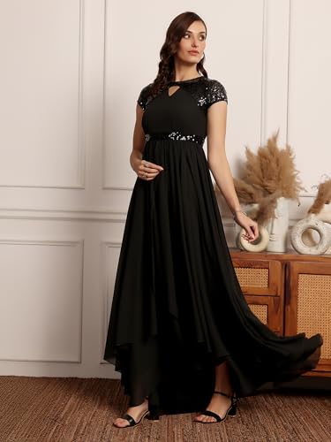 Image of Miss Chase Women's Round Neck Sleeve Embellished Fit Flare Maxi Dress