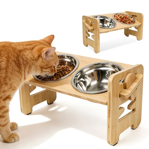 Katzennapf Erhöht mit Ständer 2er Set, Futternapf Edelstahl Höhenverstellbar & Geneigt, Fressnapf und Wassernapf Futterstation für Katzen und...