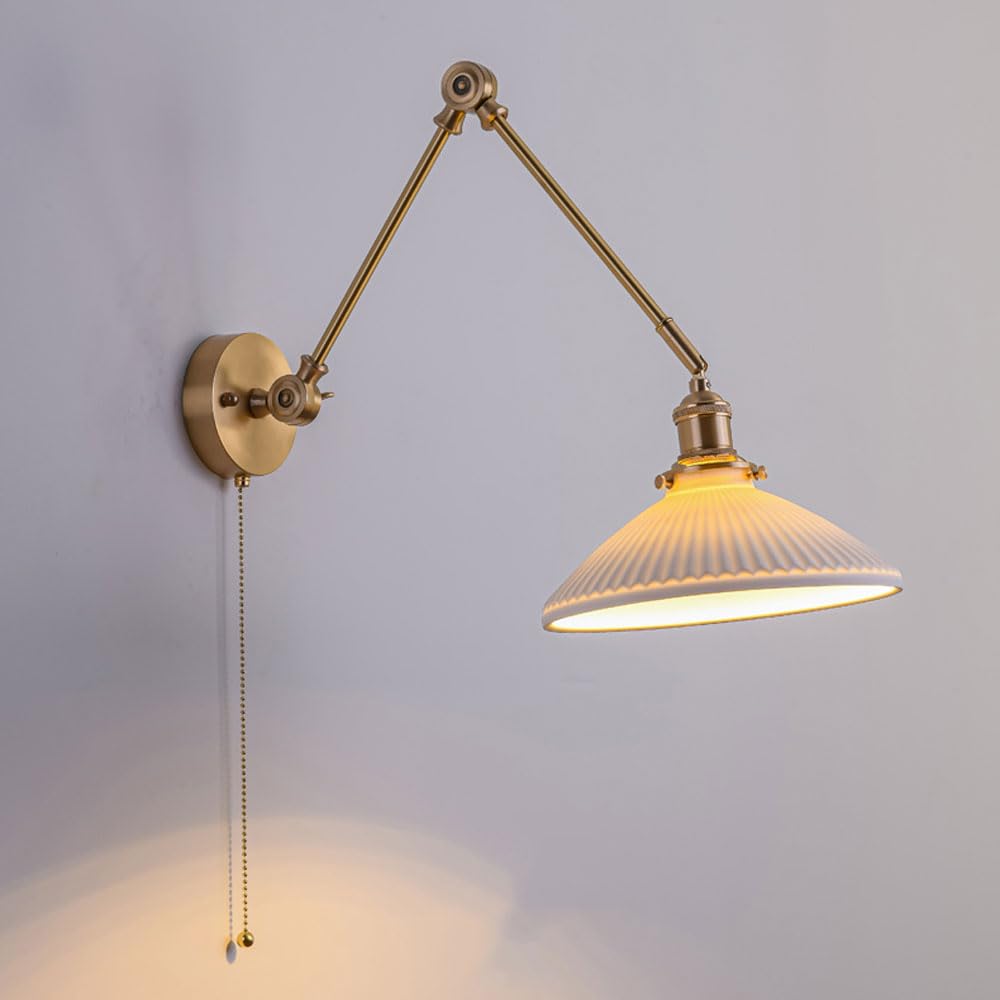 NHPJFDC Adjustable Swing Arm Wall Sconce Retro Brass Light Fixture Post Ceramics Lampshade Sconces with Pull Switch Lamp Vintage Bed T-155