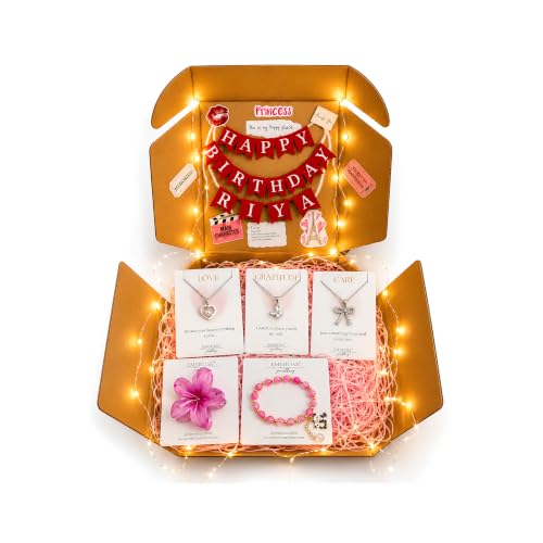 Image of Personalized Jewellery Gift Hamper for Women | Custom Name Happy Birthday Banner | 5 Pcs Set with 3 Necklaces, Charm Bracelet & Flower Hair Clutcher | Gift Box for Wife, Sister, Girlfriend