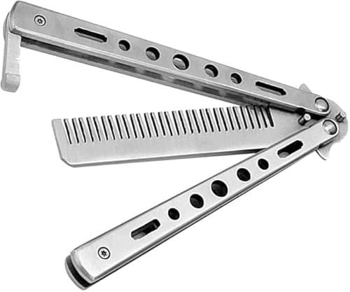 バタフライナイフ型 くし 櫛 髪 高炭素鋼 刃なし 練習刀 ポータブル 折りたたみ 持ち運び 携帯 コンパクト ポケットサイズ 理髪美容 (シルバー)