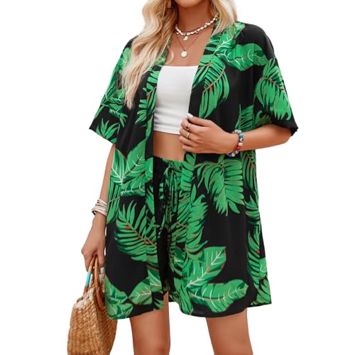 Joyesplay Hawaii Hemd Damen,Hawaii Outfit Damen Hawaii Outfit Kurzarm und Shirt Shorts für Sommer Strand (DE/NL/SE/PL, Alphanumerisch, L, Regular,...
