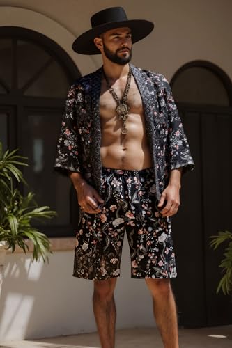 PRODESIGN Mens Kimono Robe Set - Satin Bathrobe with Shorts 2 Piece Set Silky Nightgown Dressing Gown Cardigan Beach Cover Up4