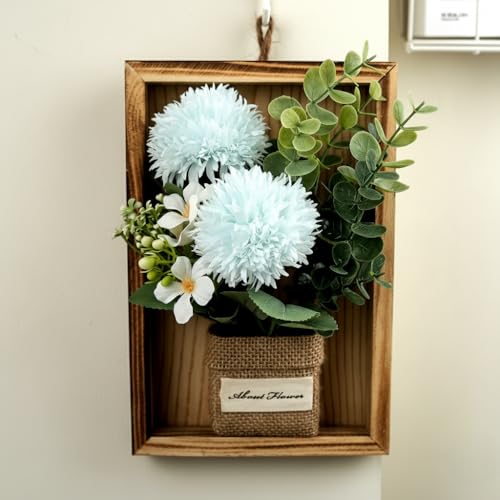 Image of Artificial Chrysanths Wall Hanging Flower Frame - Rustic Wooden Frame with Burlap Vase, Home & Office Wall Decor