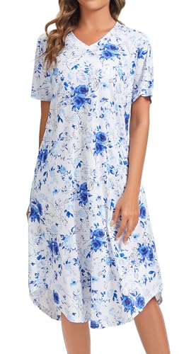 Image of Kabento Nightgowns for Women Cotton Short Sleeve Long Night Gowns with Pockets