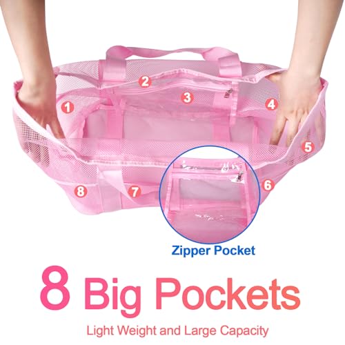 Mesh Beach Bag with Zipper Girls Pink Sandproof Summer Bag Extra Large Pool Bag with 8 Pockets for Vacation4