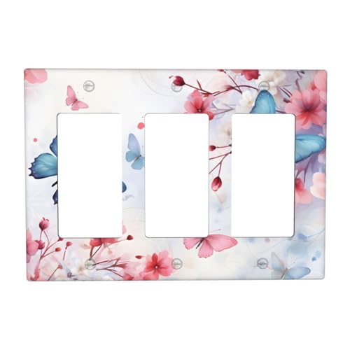 Blure Butterfly,Pink Flower Triple Light Switch Over Plate,3 Gang Outle Wall Plate Light Switch Cover Faceplate Decorative For Home Bedroom,4.6x6.5 Inch