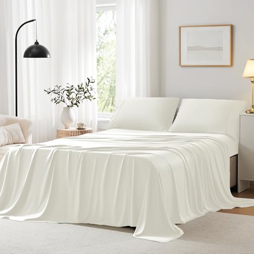 Image of ACCURATEX Cooling Sheets for Hot Sleepers, Queen Size,Ivory | Viscose Made from Bamboo, 4 Pcs Silky Soft Sheet Set, Breathable Cool for Night Sweats, up to 16 inches Deep Pockect